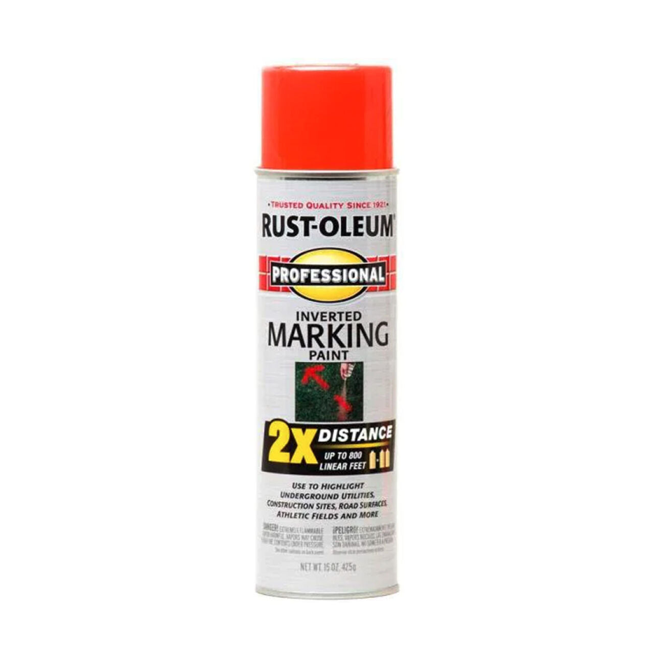 A 15 oz. Go Build 2X Distance Inverted Marking Spray Paint in Fluorescent Red-Orange, designed for precise marking. Features a white can with a red cap and bold text, ideal for accurate inverted applications. The Fastest Way To Build.